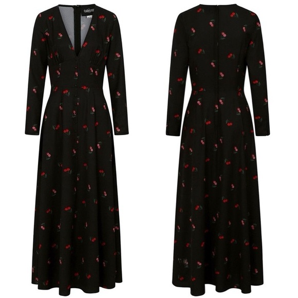 Collectif Liliana Cherry Long Sleeve Plunge V-neck Button Black Maxi Dress UK 6 - Picture 9 of 9